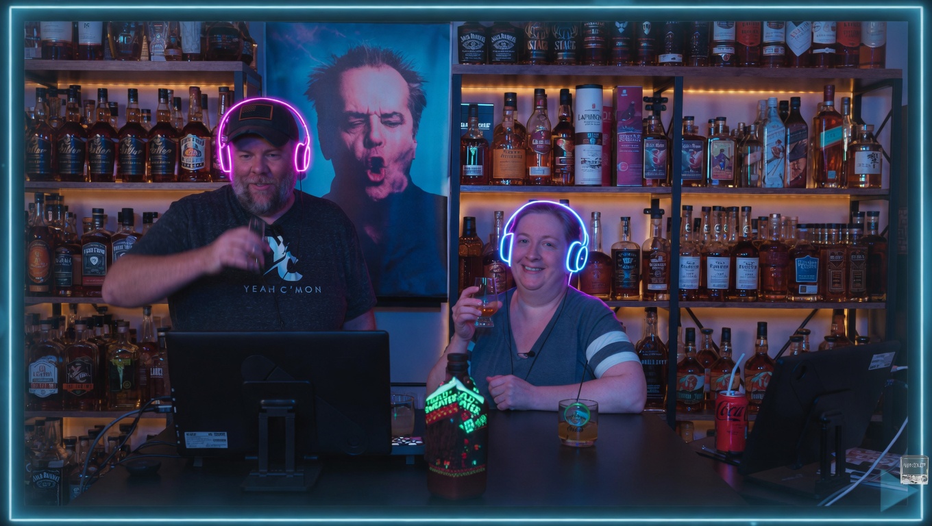 Whiskey Wisdom hosts in the studio, neon night grade, headphones on, bourbon wall behind them.