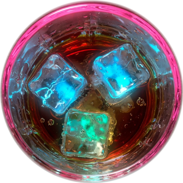 Looking down into a glass of whiskey, the pink rim forming the circle.
